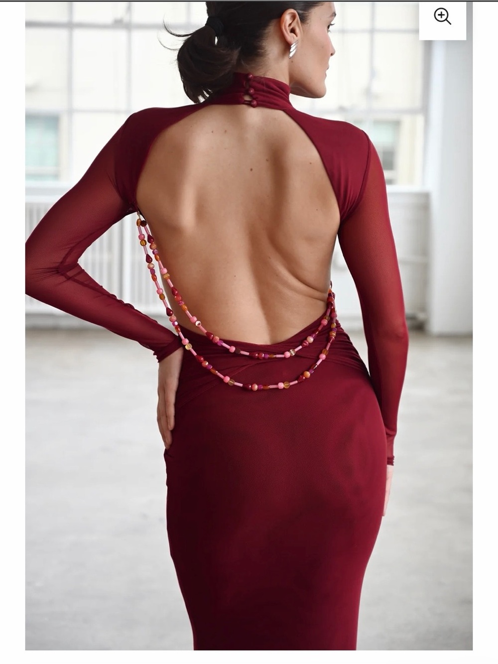 Elegant Backless Long-Sleeve Dress in Merlot - Salome Beaded Dress